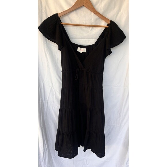 Xirena Black Tiered Mini Dress V Neck Flutter Sleeves Bow Drawstring Flowy Gauze - Picture 1 of 9